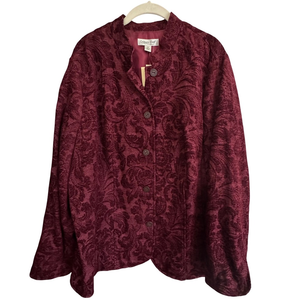 Coldwater Creek Burgundy Tonal Flourish Jacquard Jacket 2X NWT Stand Collar